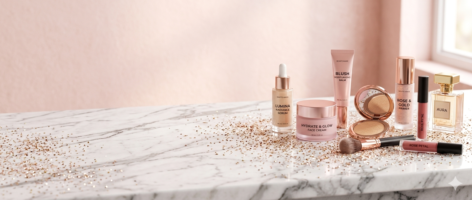 Makeup and beauty products on a marble counter